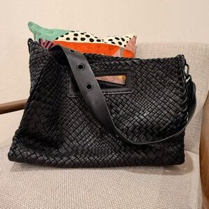 Falorini Firenze Woven Leather Tote Large Black Intrecciato Crossbody Italy